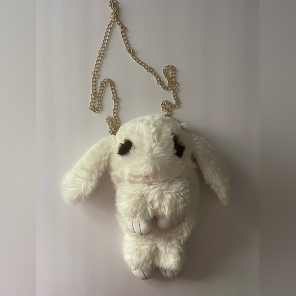 White and Gold Plush Bunny Keychain with Floppy Ears - Picture 1 of 5